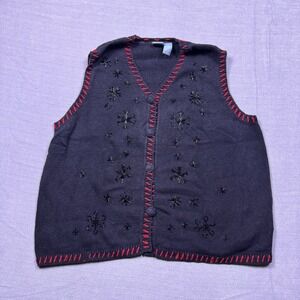 Holiday Editions Womens 2X Cardigan Sweater Vest Black Red Snowflake‎ Holiday